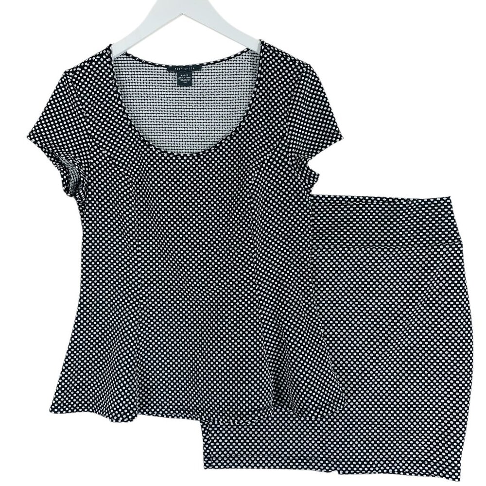 Suzy Shier Black White  Polka Dot Peplum Top Blouse Stretch & skirt sz large set